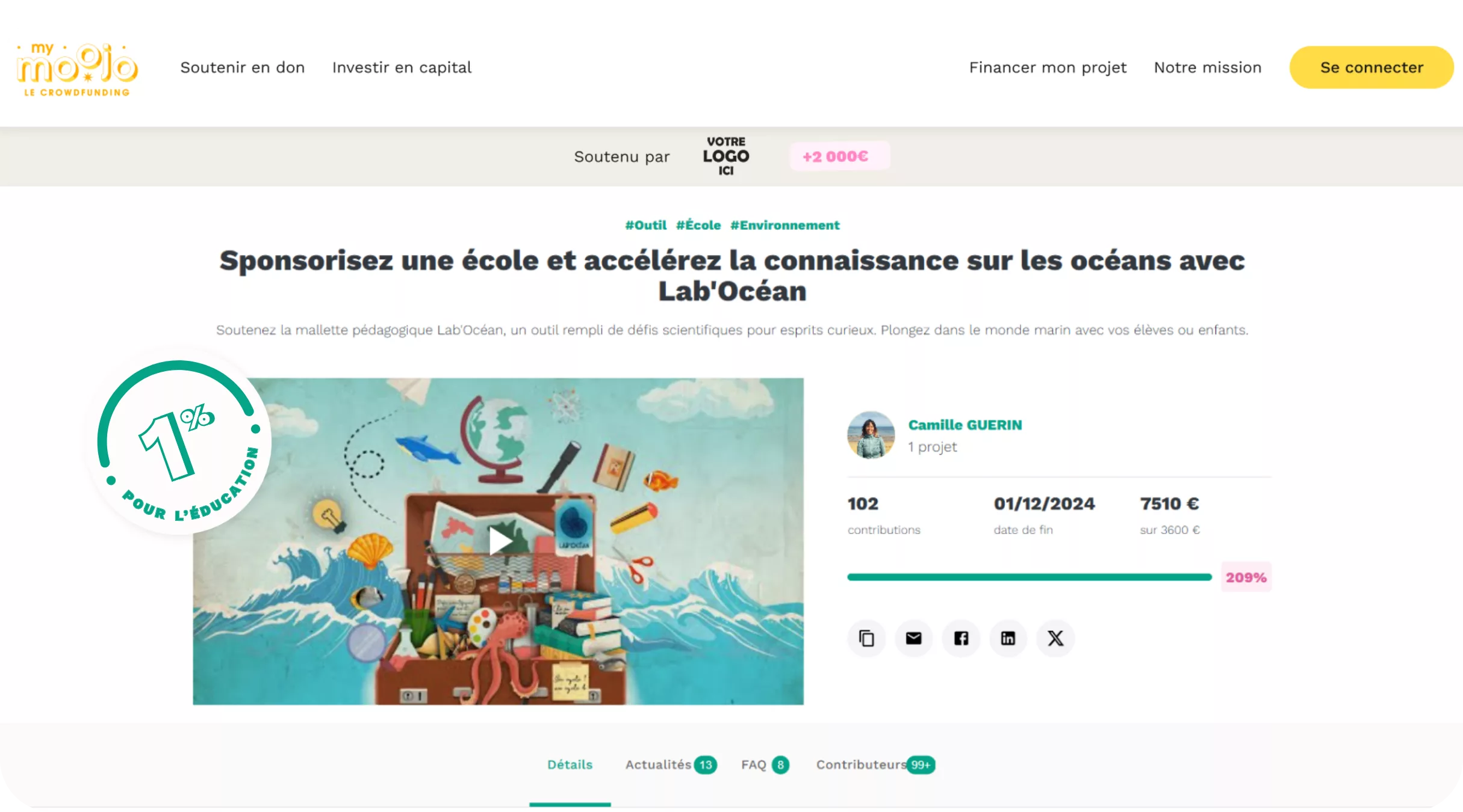 1% pour l'éducation pour soutenir des projets qui éducatifs comme celui de Camille !